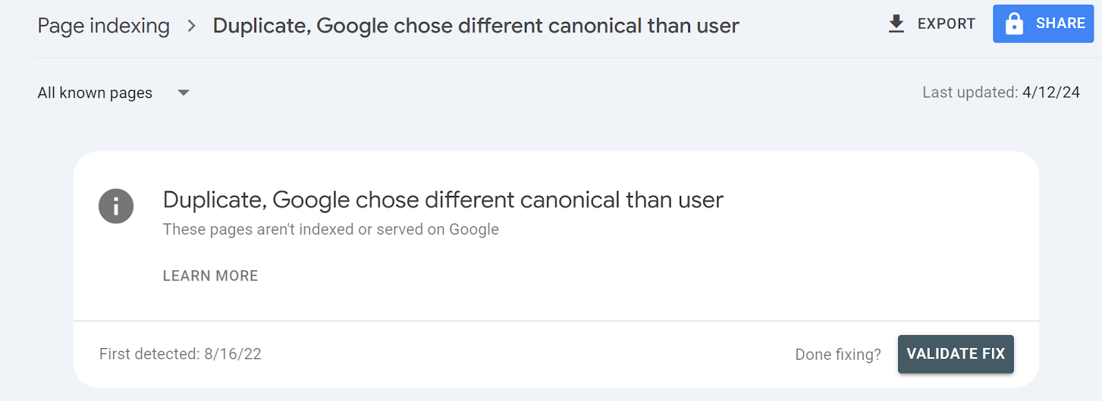 [Screenshot: Google Search Console Pages report showing &ldquo;Duplicate, Google chose different canonical than user&rdquo; entries]