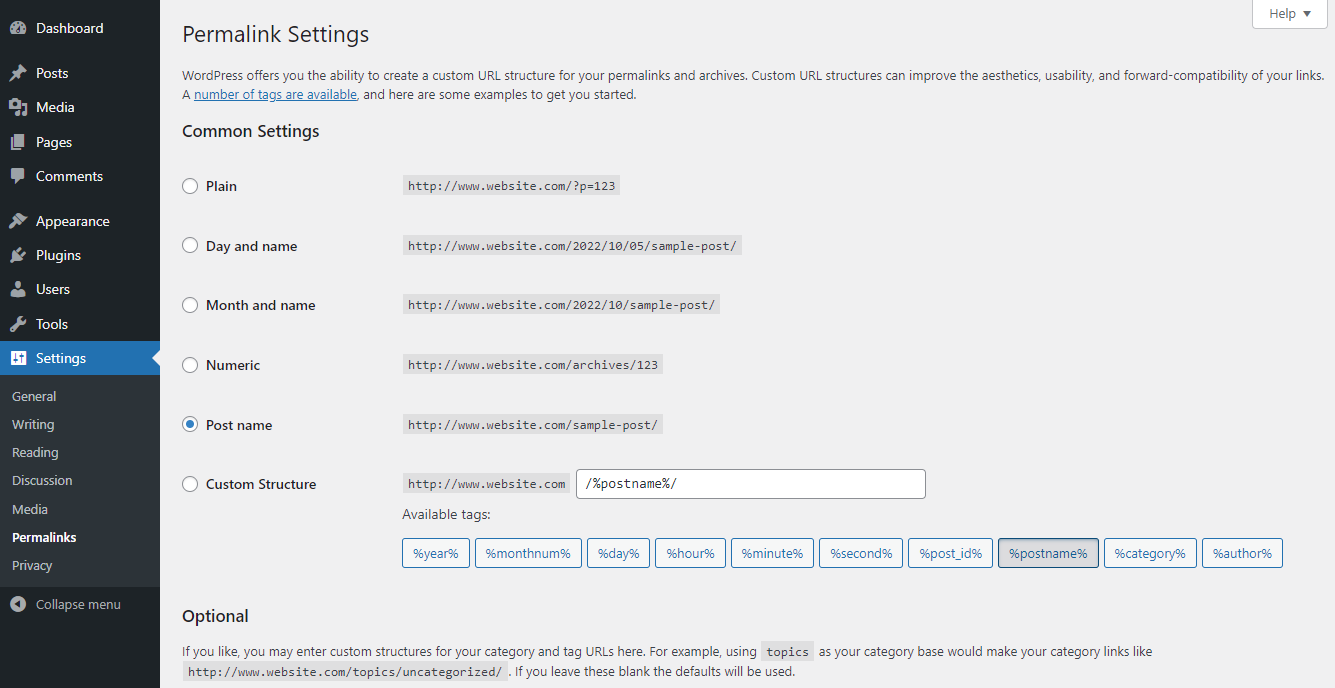 [Screenshot: WordPress Permalinks settings page showing the custom structure field with /%postname%/ option]