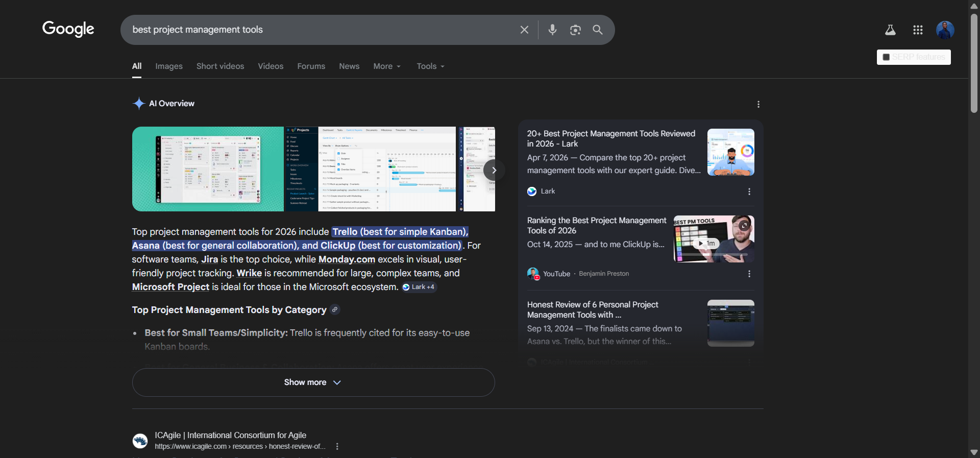 [Screenshot: Google search results for &ldquo;best project management tools&rdquo; showing organic results and AI Overview]