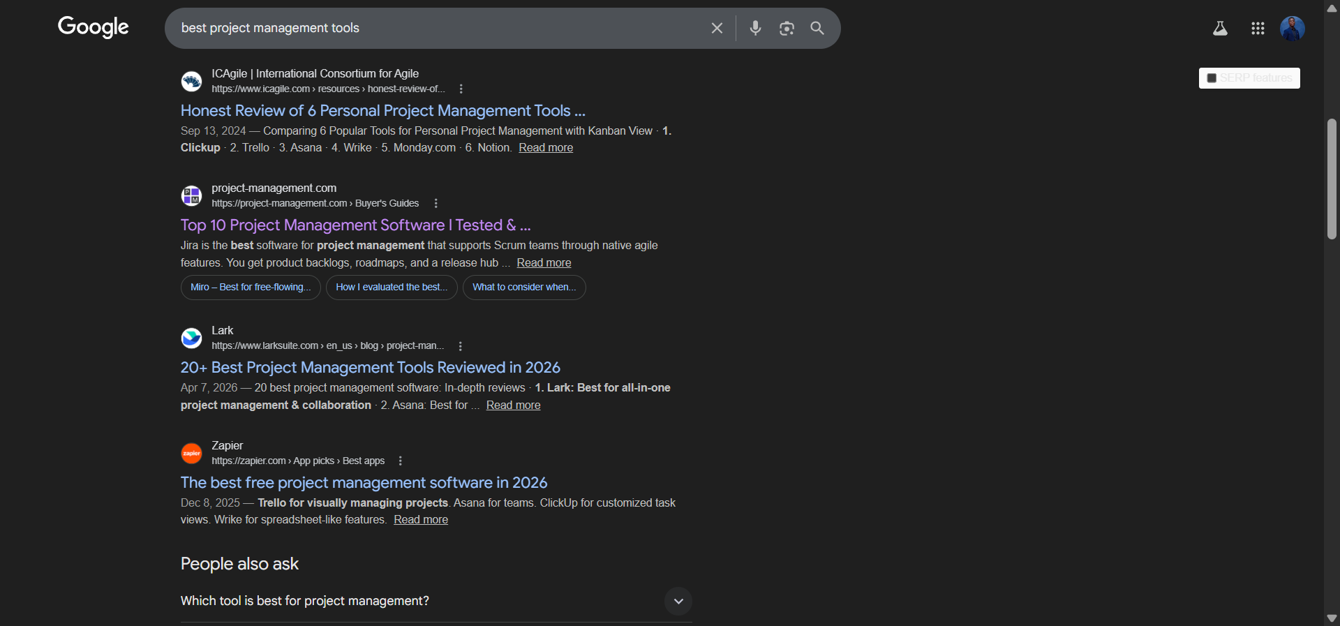 [Screenshot: Google search results for &ldquo;best project management tools&rdquo; showing the content type, format, and angle of top-ranking pages]