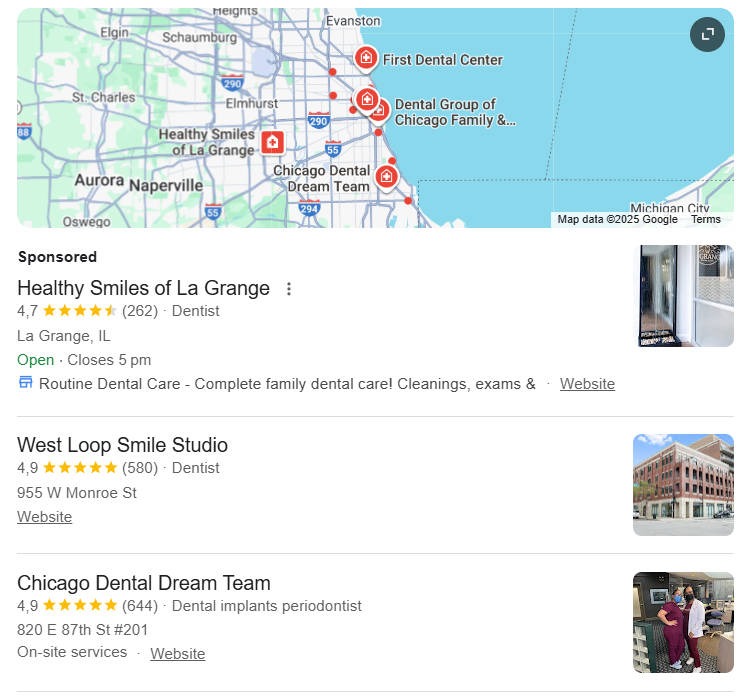 [Screenshot: Google search results showing the local map pack for &ldquo;dentist near me&rdquo; with business listings]