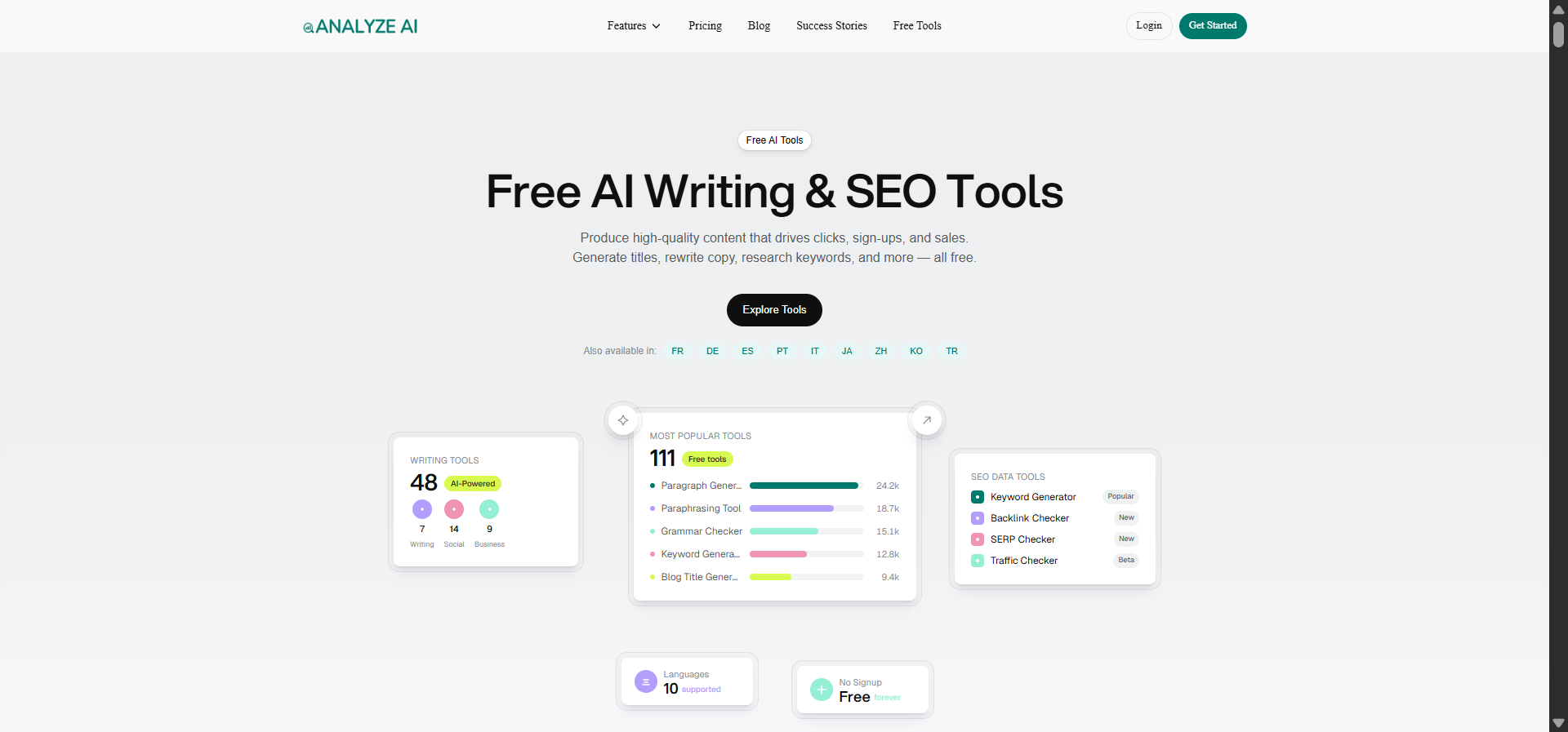 [Screenshot: Analyze AI free tools page showing the full suite of available tools]