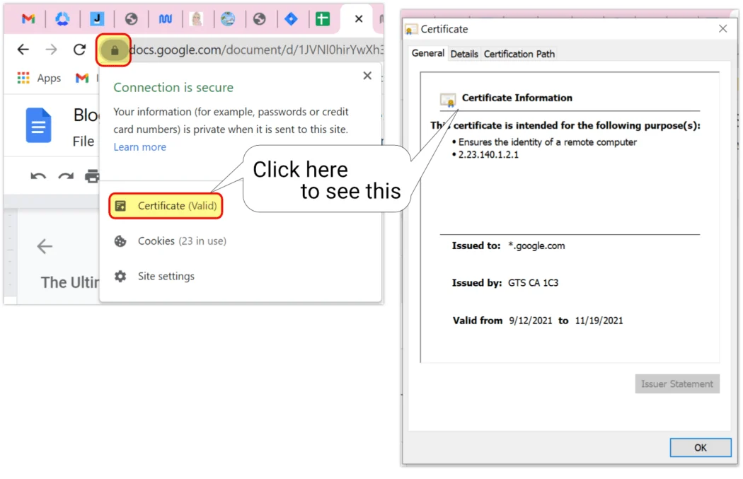 [Screenshot: clicking the lock icon and viewing certificate details in Chrome, showing the &ldquo;Issued to&rdquo; and &ldquo;Valid from/to&rdquo; fields]