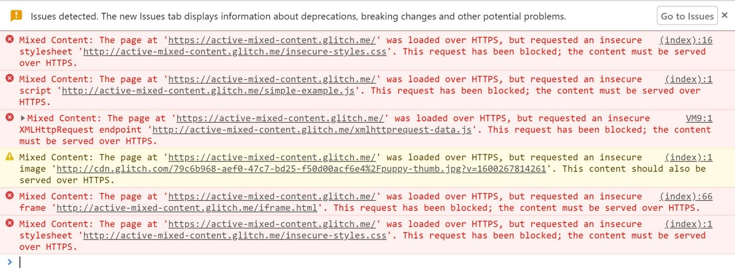 [Screenshot: browser developer console showing mixed content warnings for HTTP resources]
