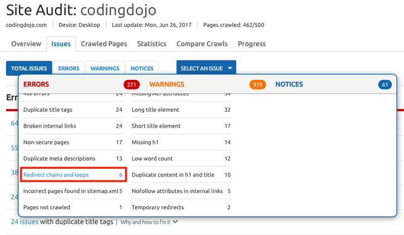 [Screenshot: site audit tool showing redirect chain details with each hop visualized]