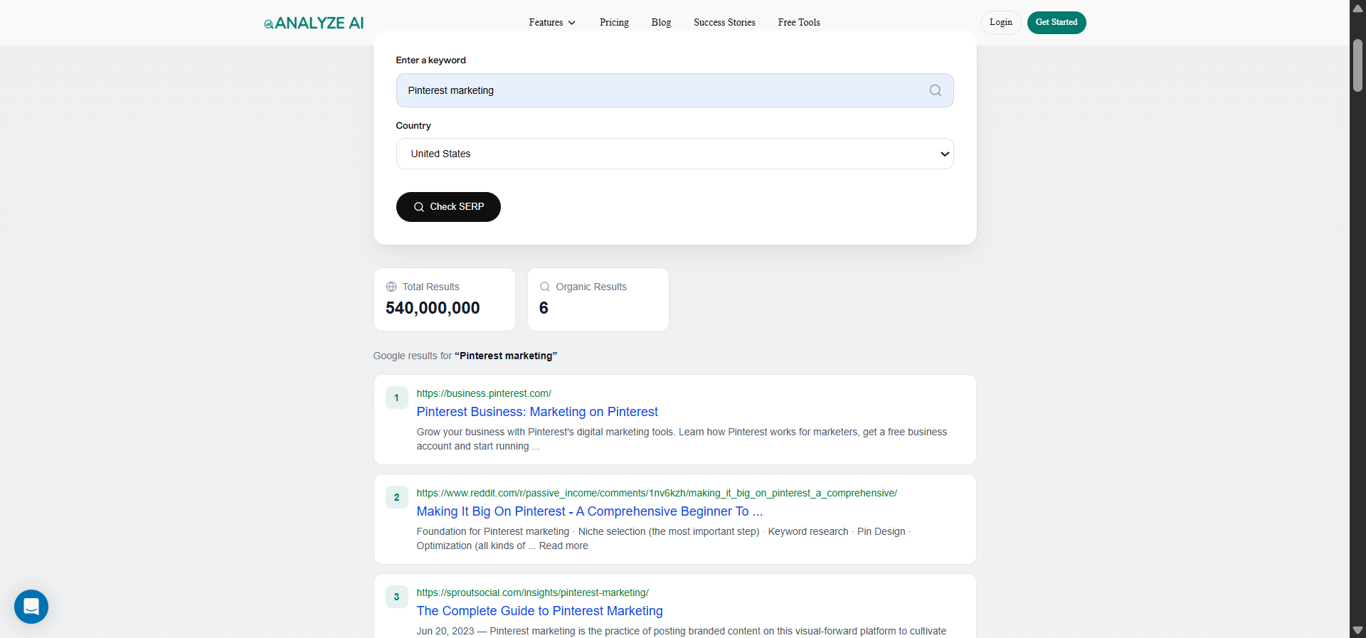 [Screenshot: Analyze AI&rsquo;s SERP Checker tool showing top results for a keyword &mdash; editor to capture the free tool interface]