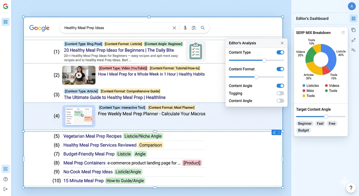 [Screenshot: Google SERP results for a keyword showing the mix of content types in the top 10 &mdash; editor to capture a real SERP]