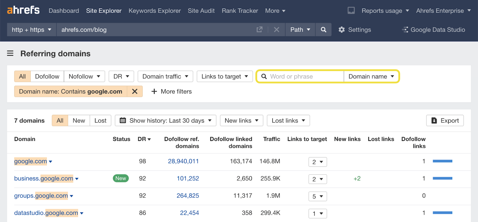 [Screenshot: A backlink analysis tool showing a competitor&rsquo;s most-linked pages &mdash; editor to capture from a backlink checker tool]