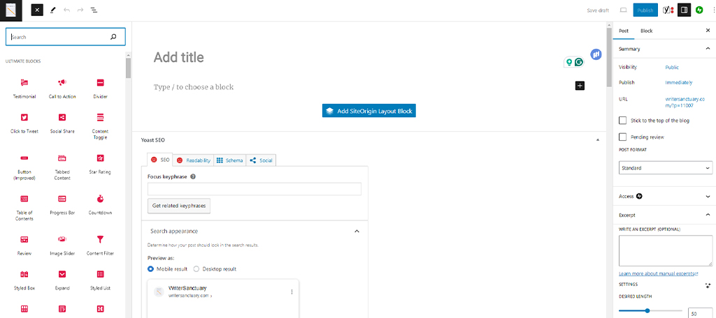 [Screenshot: Visual drag-and-drop traditional CMS editor like WordPress Gutenberg, showing a blog post being composed with images and text blocks]