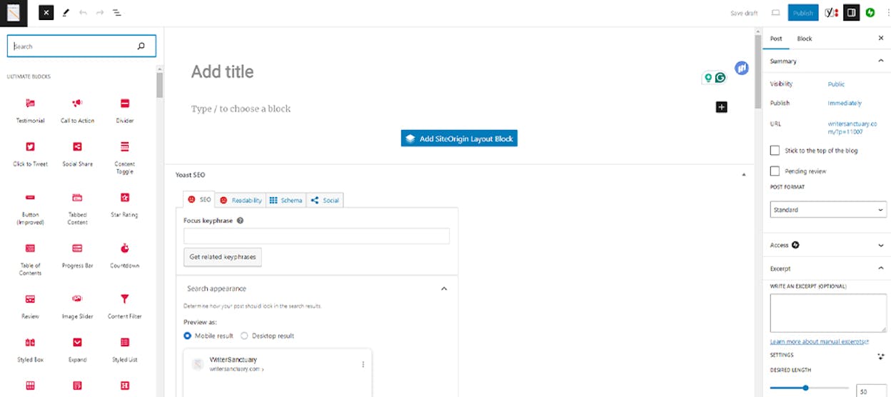 [Screenshot: Visual drag-and-drop traditional CMS editor like WordPress Gutenberg, showing a blog post being composed with images and text blocks]