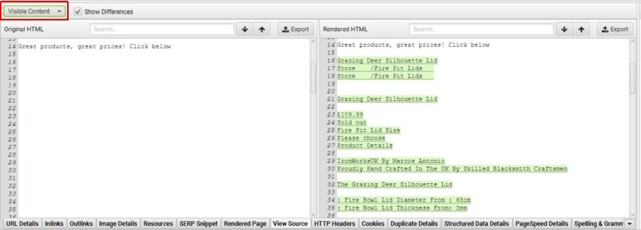 [Screenshot: Chrome &ldquo;View Page Source&rdquo; comparison&mdash;left side shows SSR with full HTML content visible, right side shows CSR with empty div and script tags]