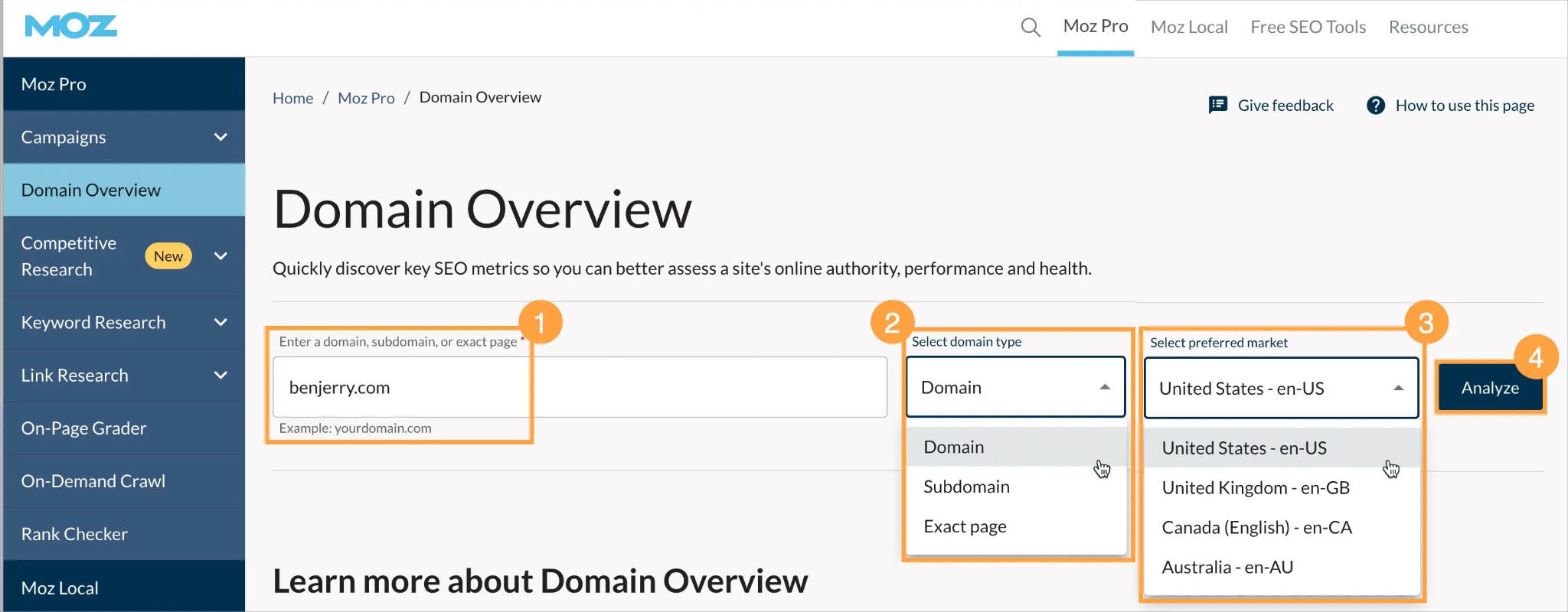 [Screenshot: Moz Pro Domain Overview page showing traffic estimate]