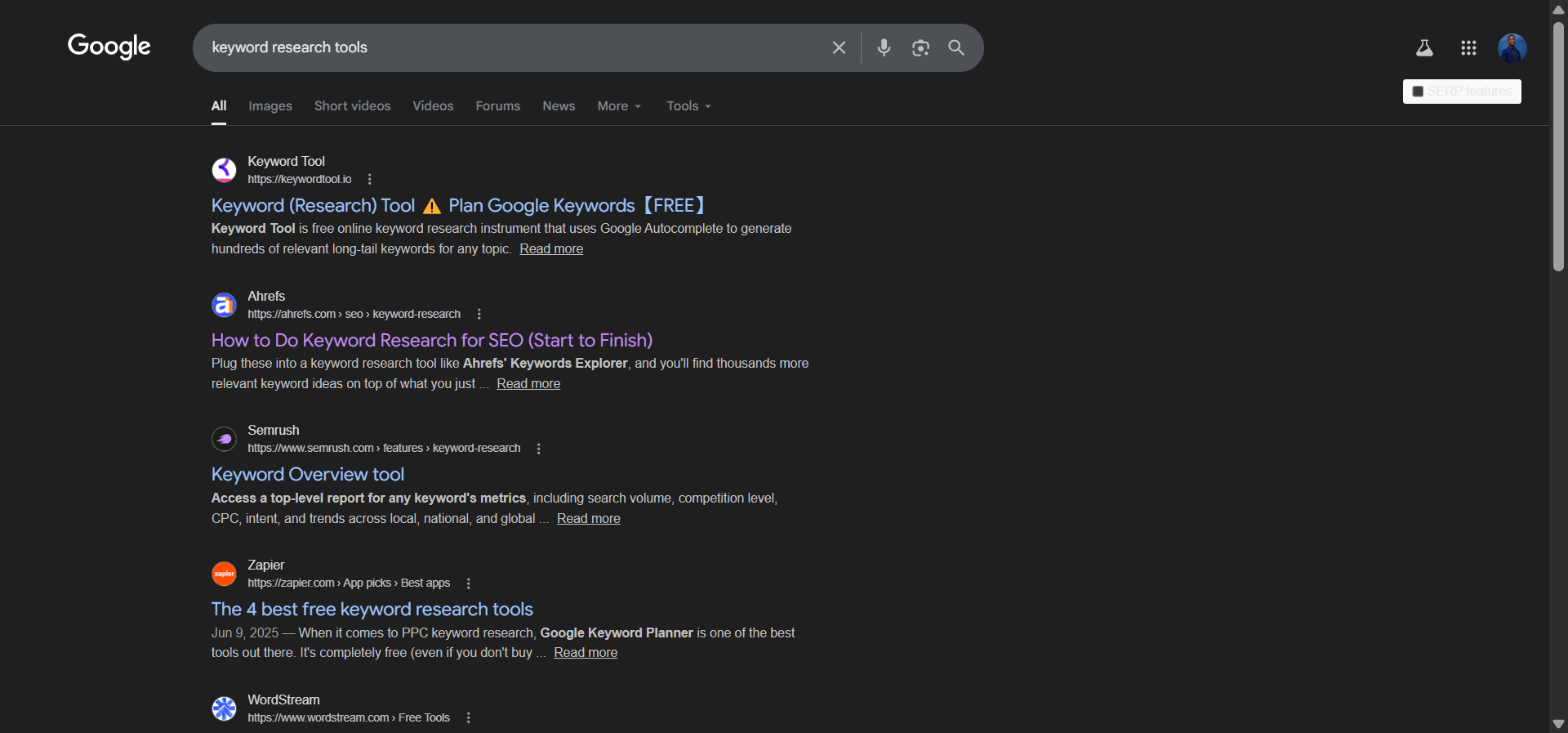 [Screenshot: Google SERP showing a non-branded query like &ldquo;keyword research tools&rdquo; with multiple brands competing for the same term]