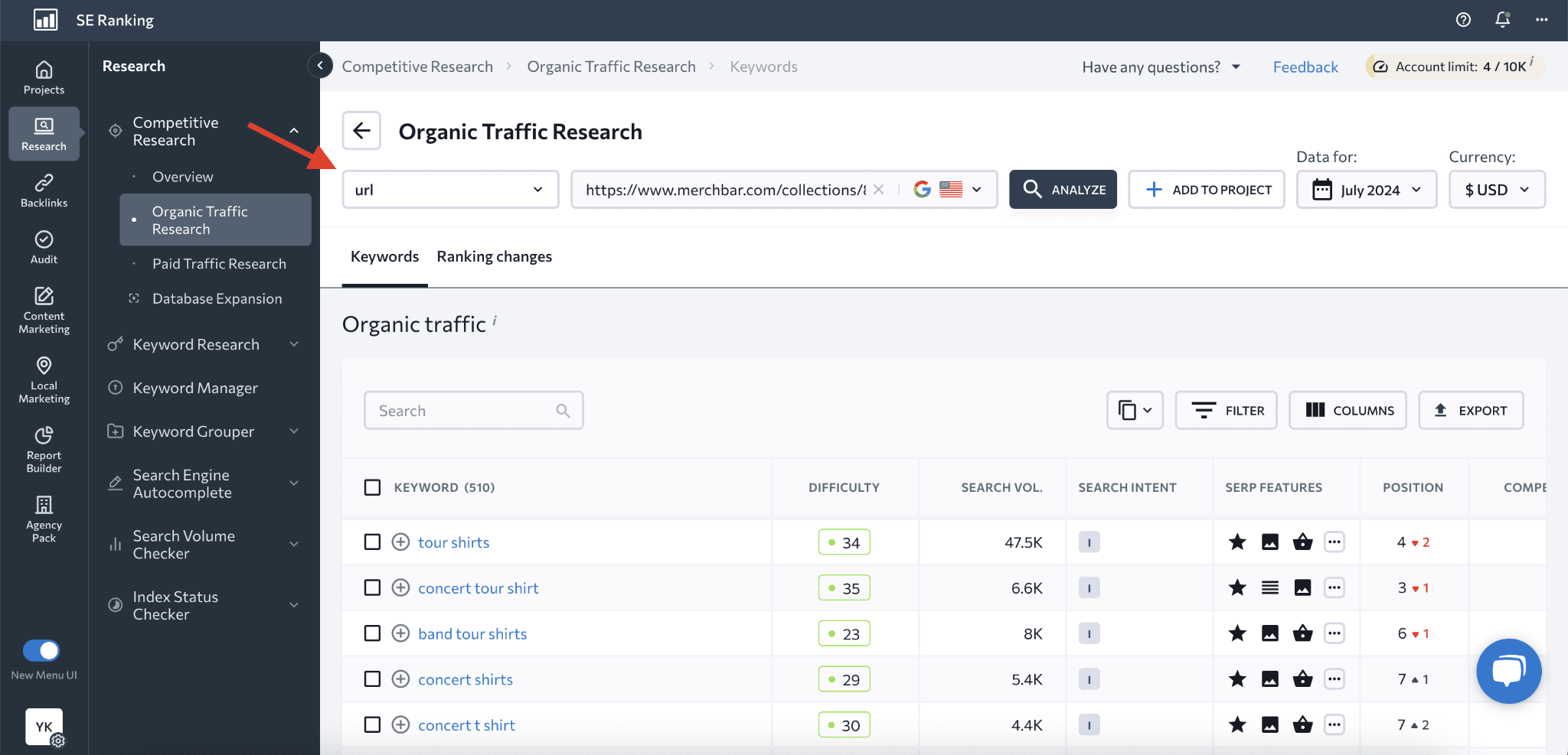 [Screenshot: SEO tool Organic Keywords report filtered by brand name, showing keyword, position, volume, and URL]