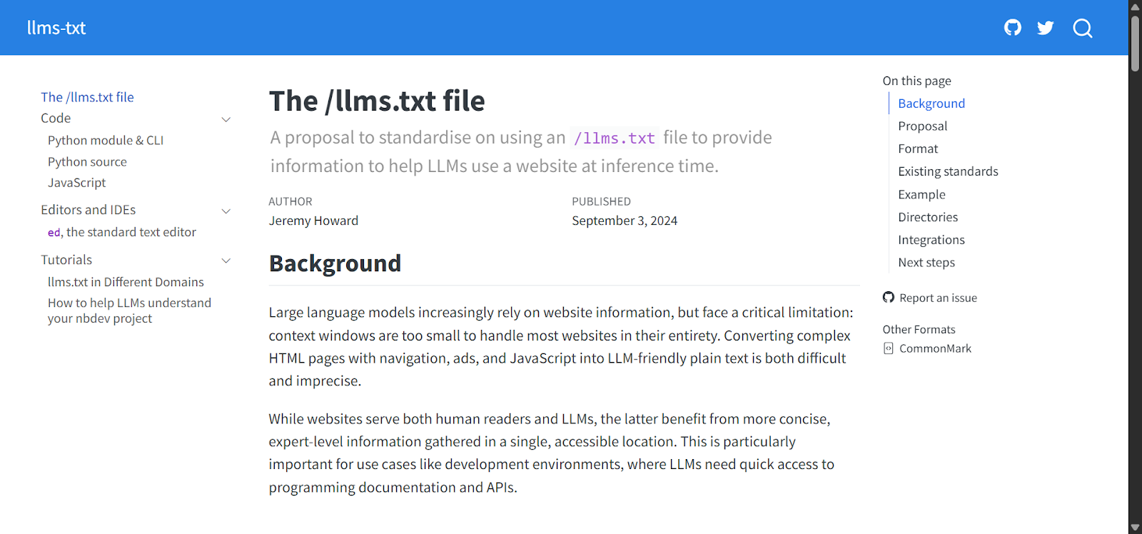 [Screenshot of the llmstxt.org homepage showing the proposal overview]
