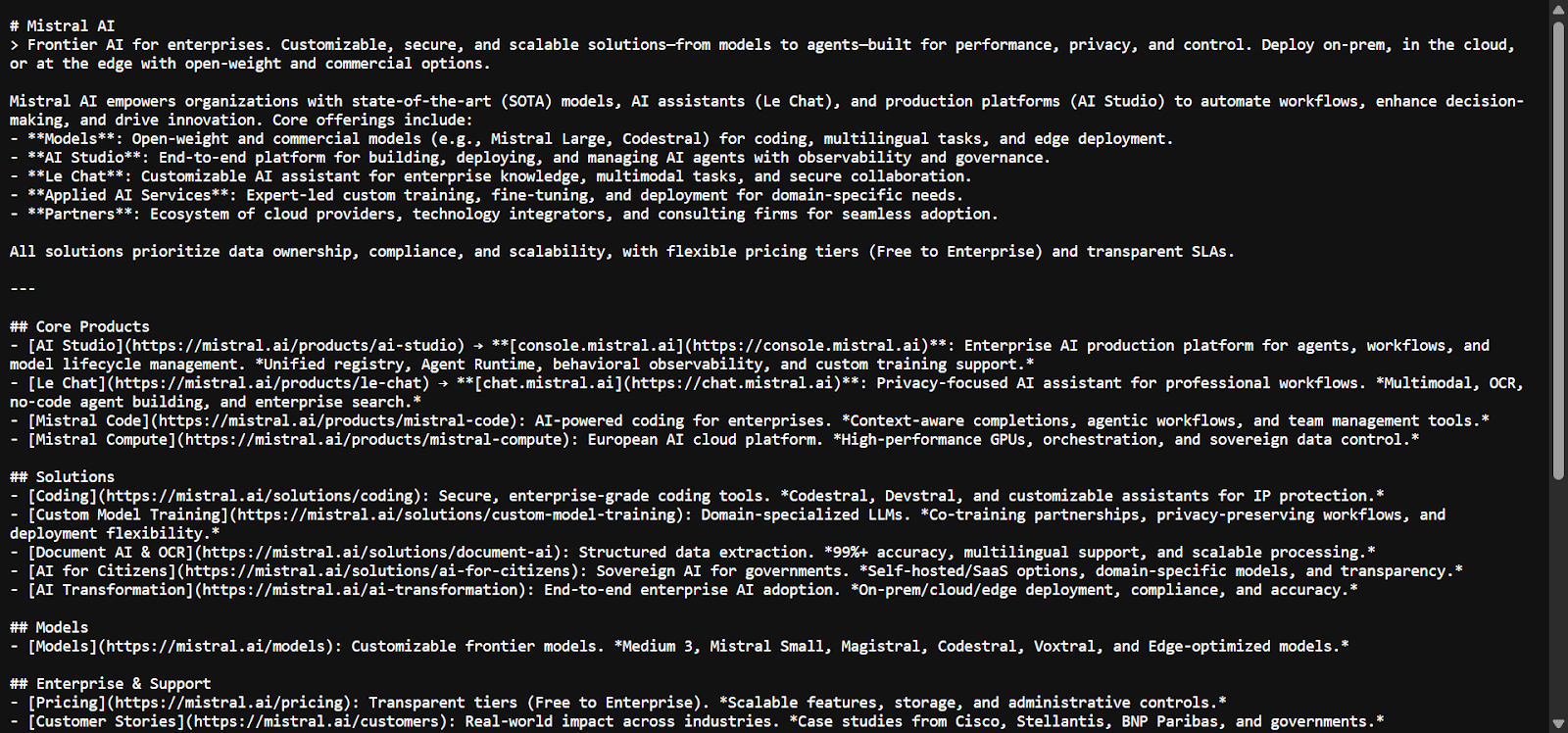 [Screenshot of Mistral&rsquo;s llms.txt file showing the Markdown structure with H2 sections for Docs and links to API documentation pages]