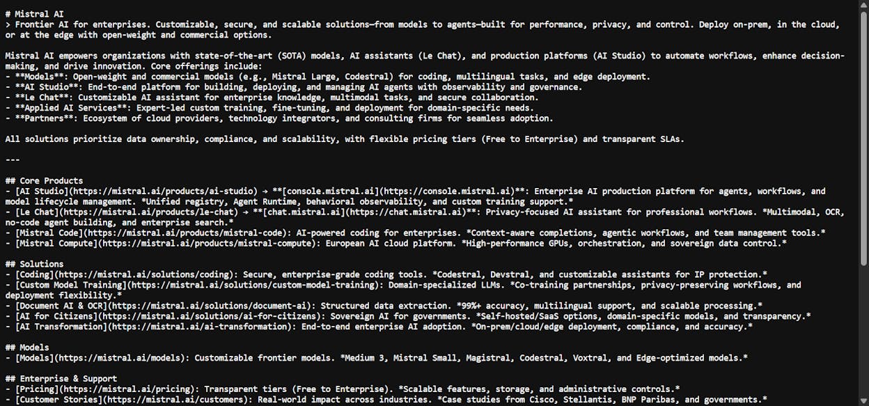 [Screenshot of Mistral&rsquo;s llms.txt file showing the Markdown structure with H2 sections for Docs and links to API documentation pages]