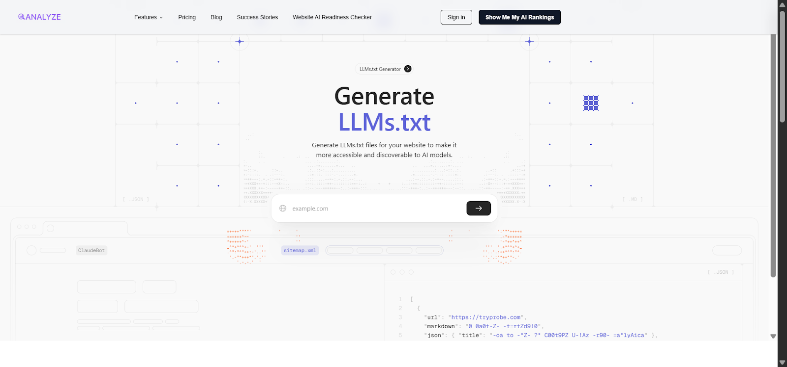 [Screenshot of Analyze AI&rsquo;s llms.txt generator interface]