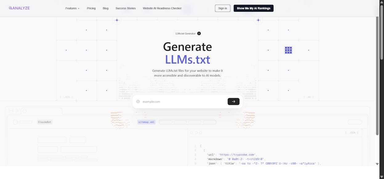 [Screenshot of Analyze AI&rsquo;s llms.txt generator interface]