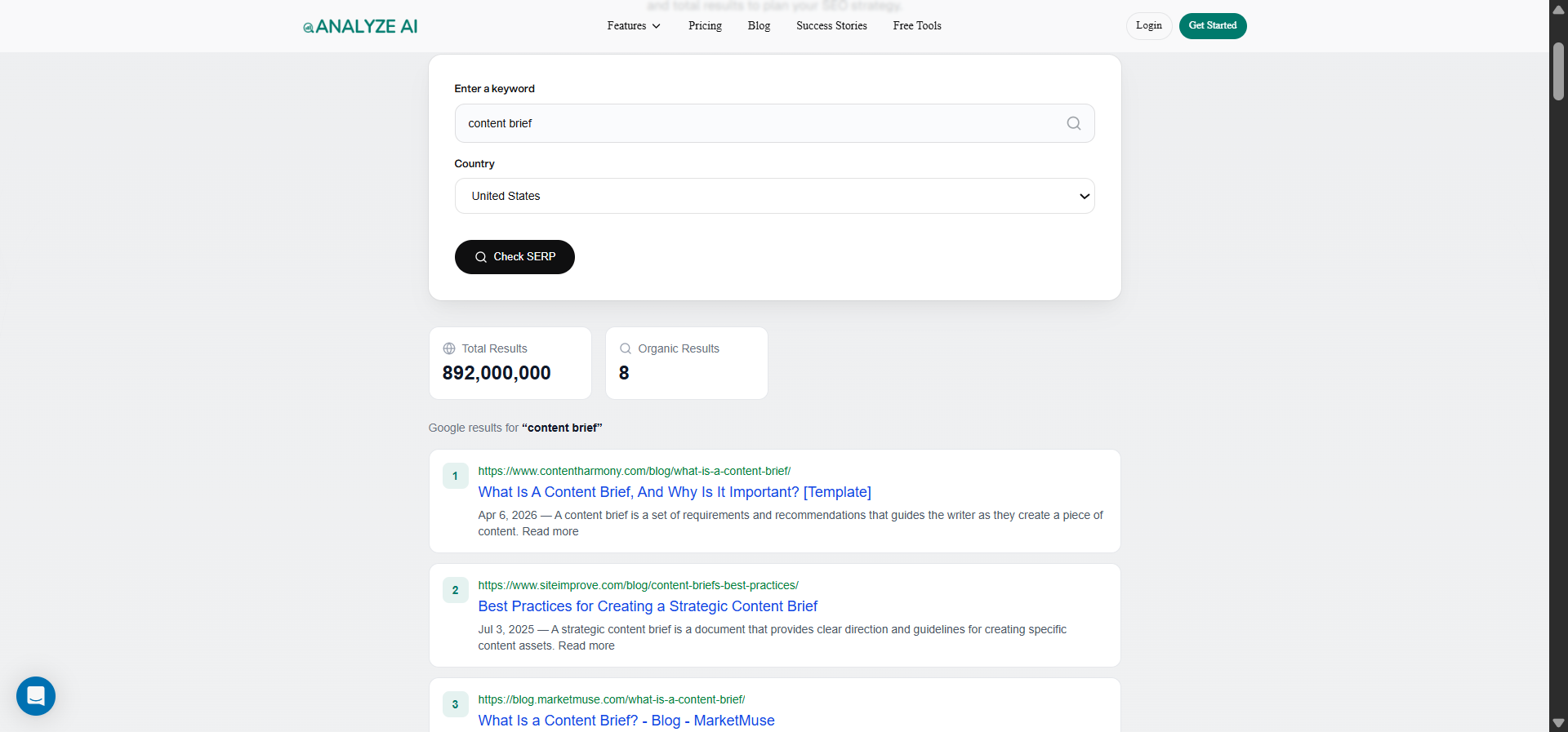 [Screenshot: Analyze AI SERP Checker showing top-ranking results for a keyword]