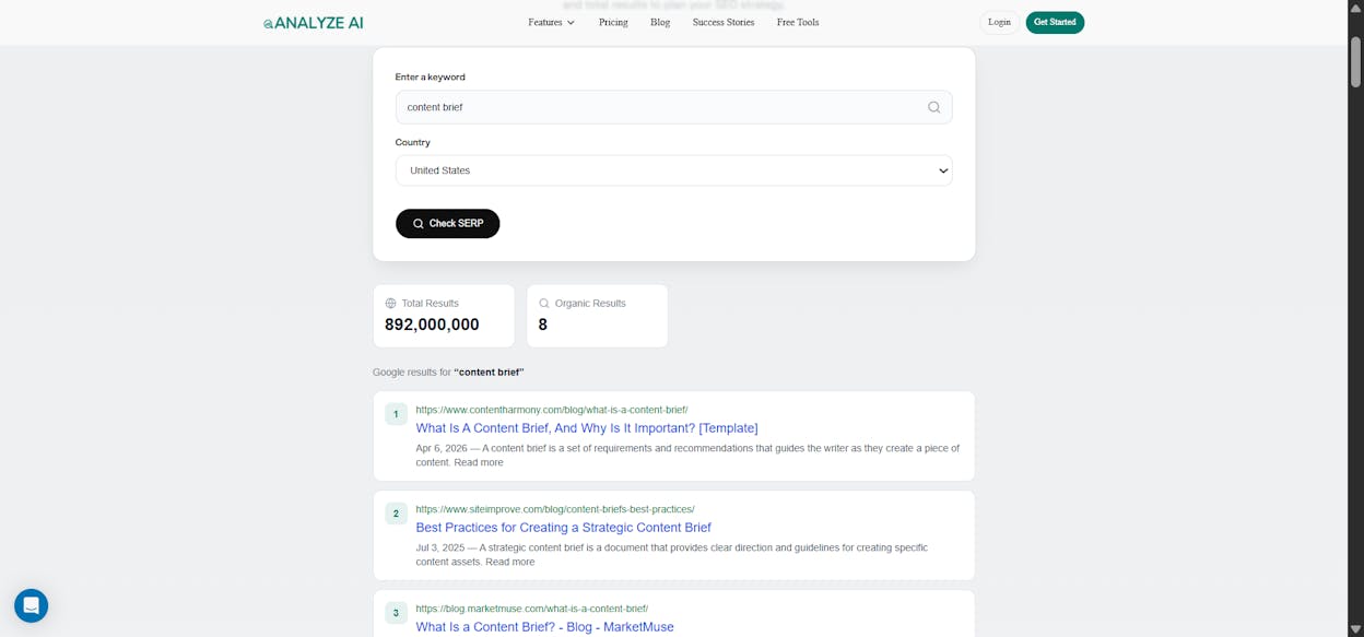 [Screenshot: Analyze AI SERP Checker showing top-ranking results for a keyword]