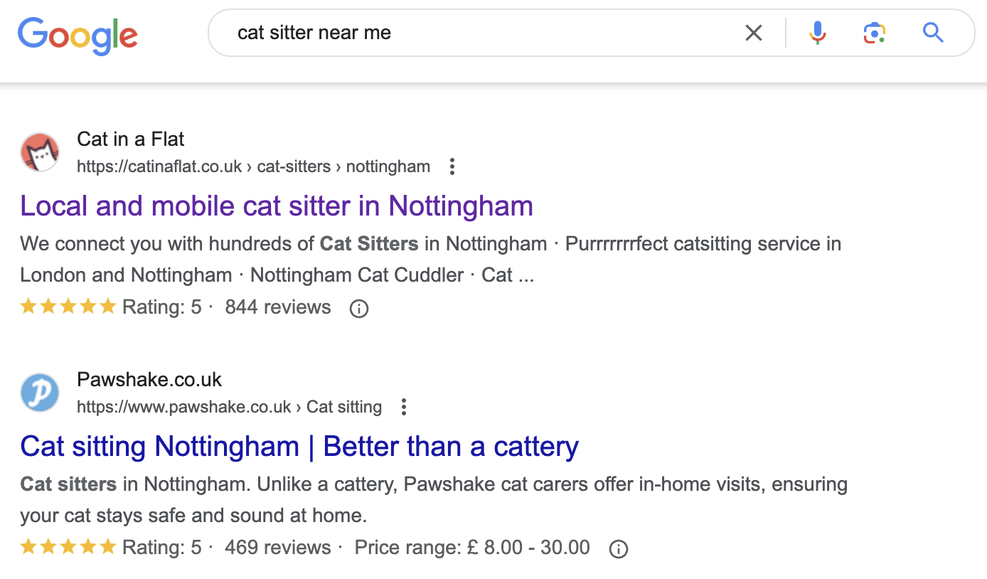[Screenshot: Google search results for &ldquo;cat sitter near me&rdquo; showing directory sites ranking on the first page]
