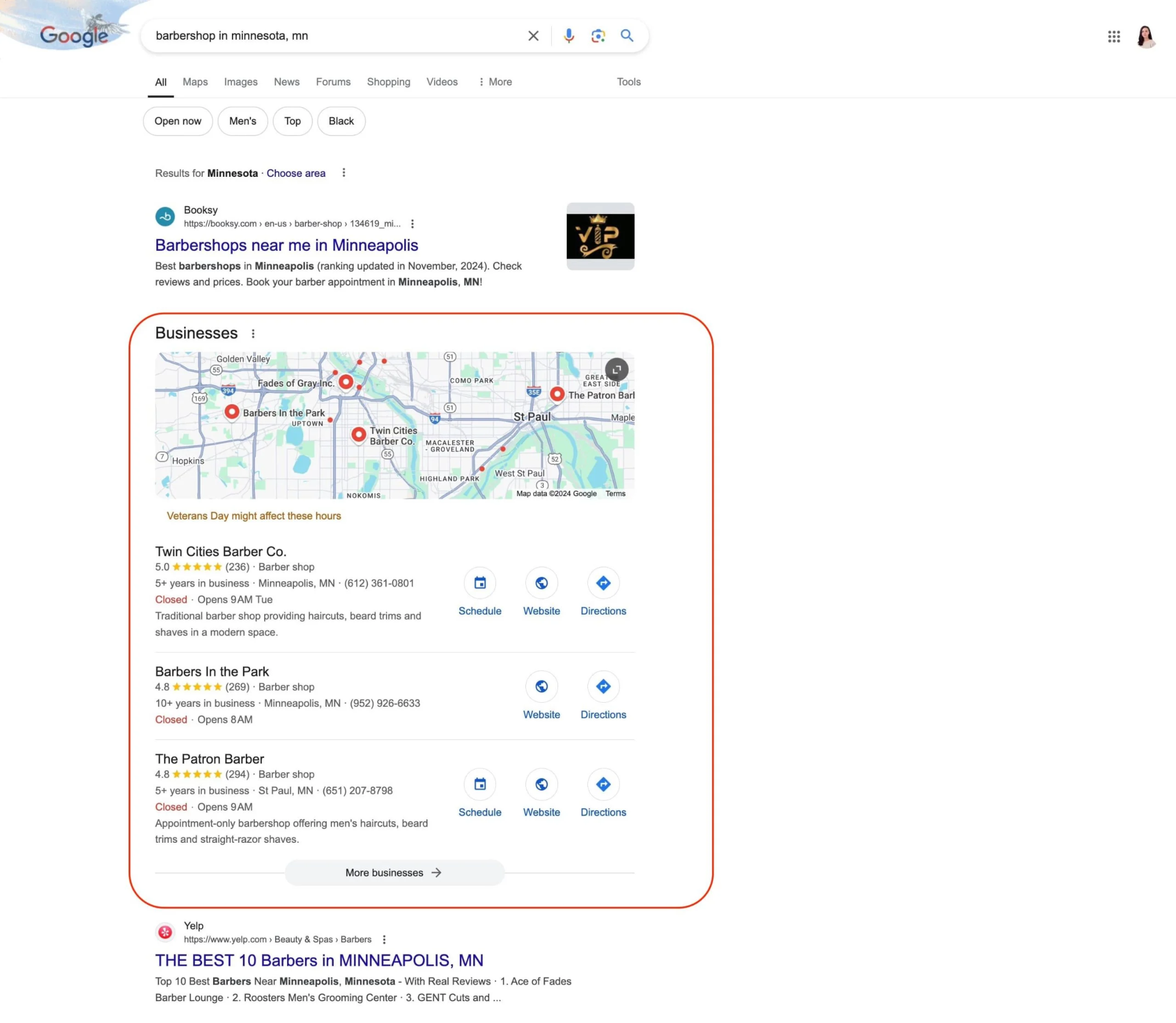 [Screenshot: Google search results for a local service query, with directory sites highlighted]