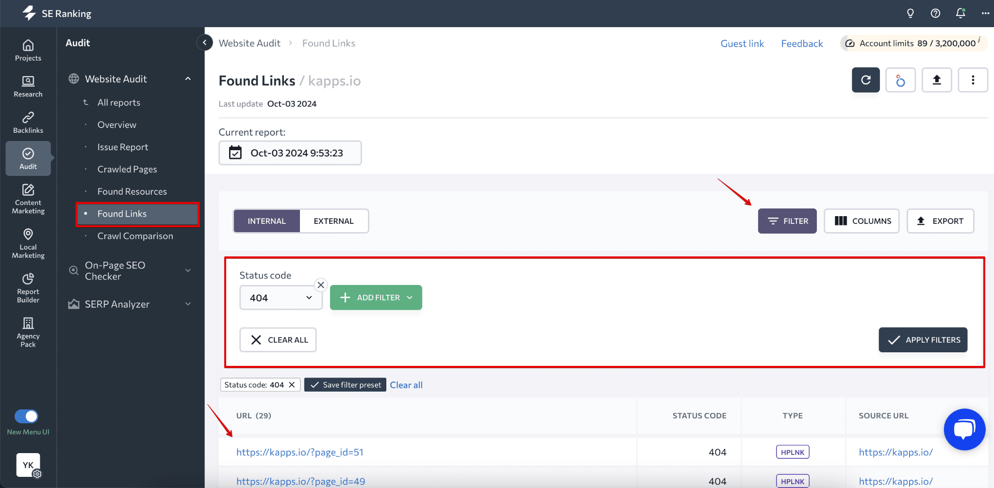 [Screenshot: An SEO audit tool showing a list of errors found on a website, including broken links, missing meta descriptions, and slow pages]