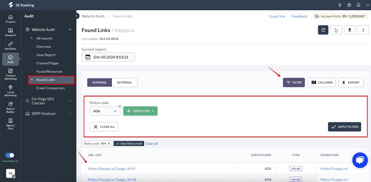 [Screenshot: An SEO audit tool showing a list of errors found on a website, including broken links, missing meta descriptions, and slow pages]