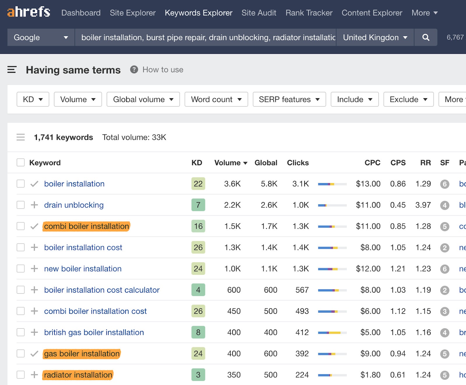 [Screenshot: A keyword research tool showing related terms for &ldquo;boiler repair&rdquo; clustered by topic, revealing that searchers care about specific boiler brands and types]