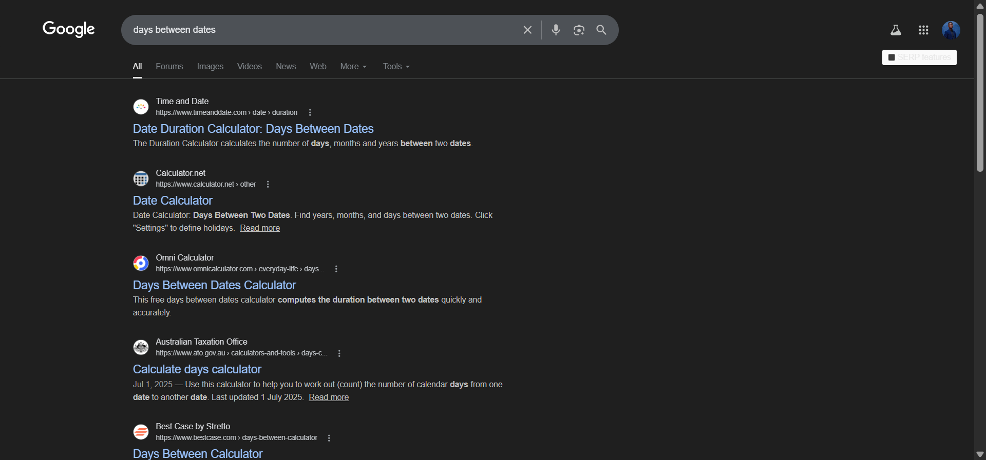 [Screenshot: Google SERP showing calculator results for &ldquo;days between dates&rdquo;]