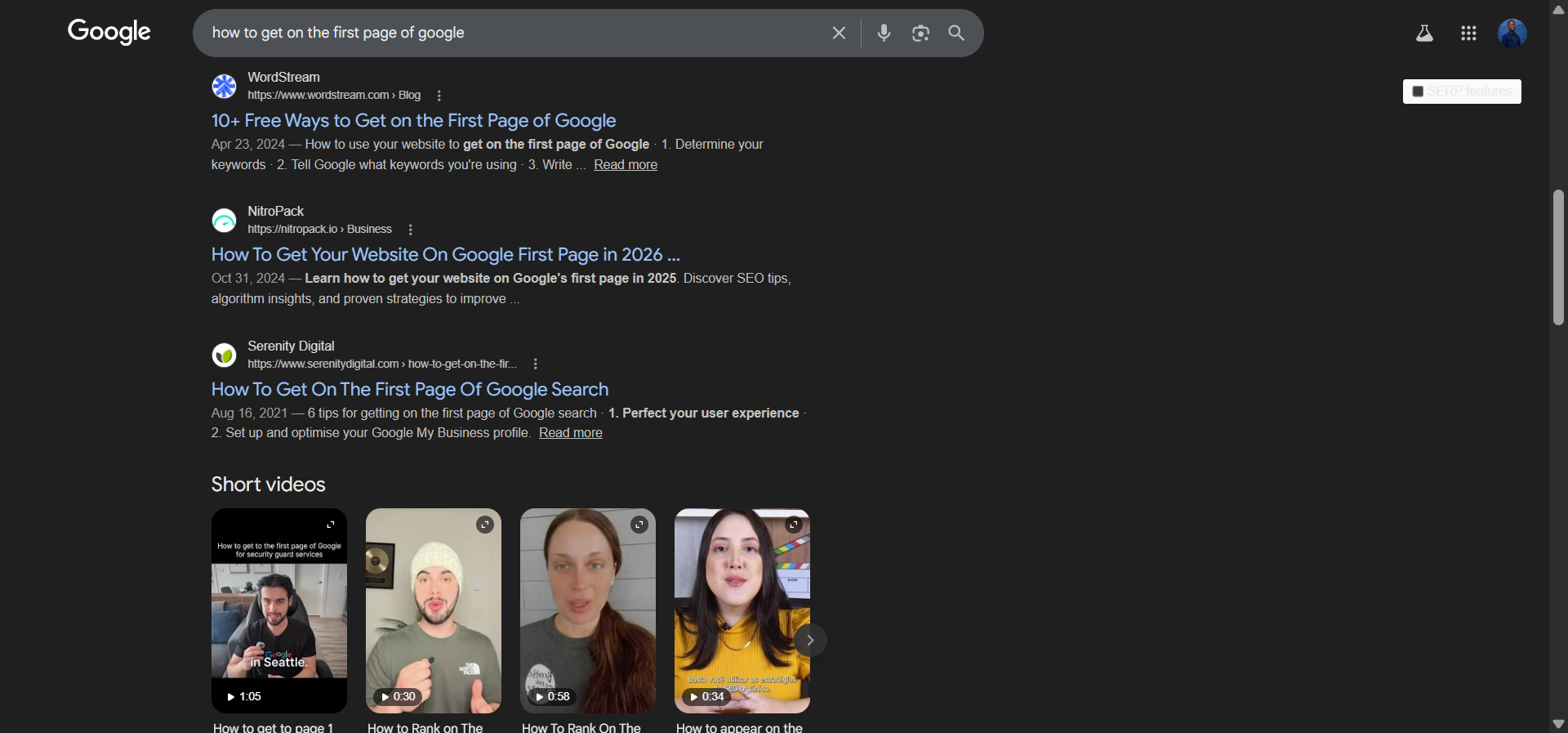 [Screenshot: Google SERP for &ldquo;how to get on the first page of google&rdquo; showing tutorial-style titles]