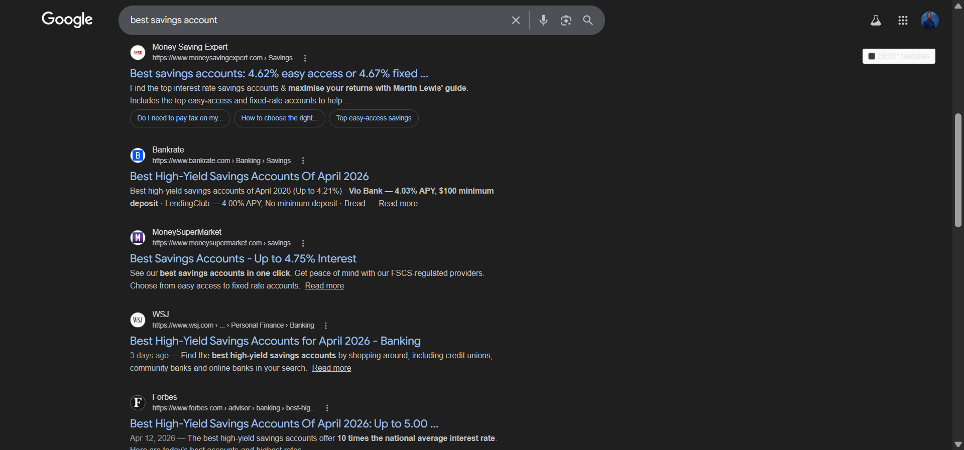 [Screenshot: Google SERP for &ldquo;best savings account&rdquo; showing year-tagged results]