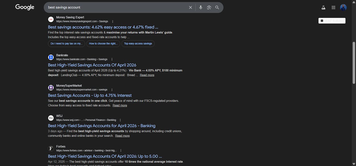 [Screenshot: Google SERP for &ldquo;best savings account&rdquo; showing year-tagged results]