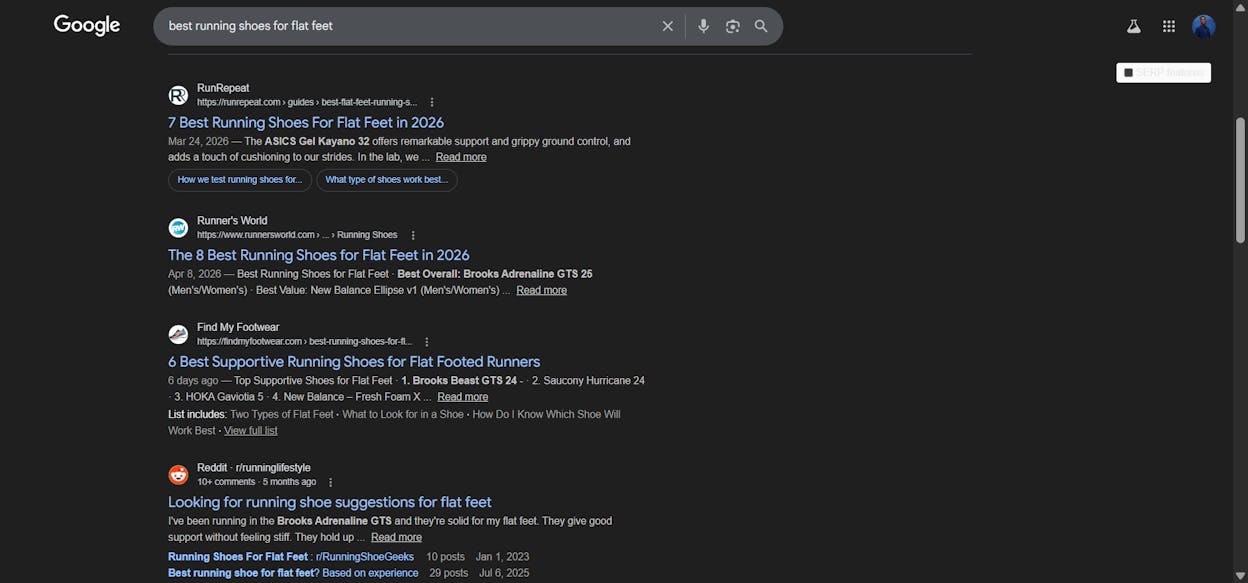 [Screenshot: Multiple first-page results for a target keyword showing common subtopics]