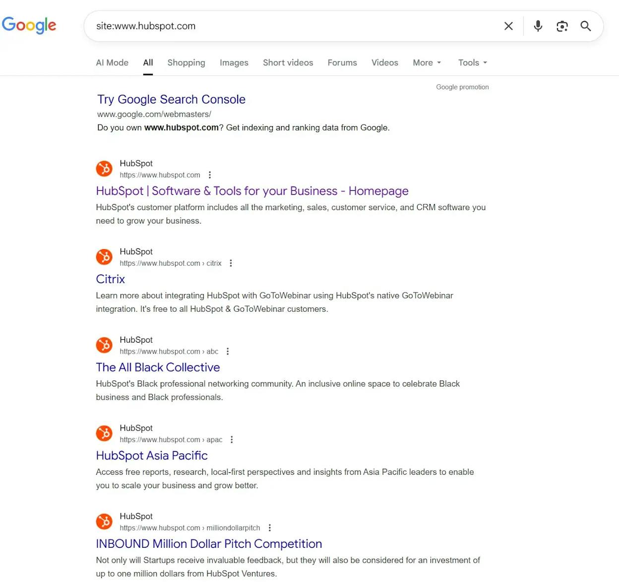 [Screenshot: Google site: search showing pages that mention a keyword]