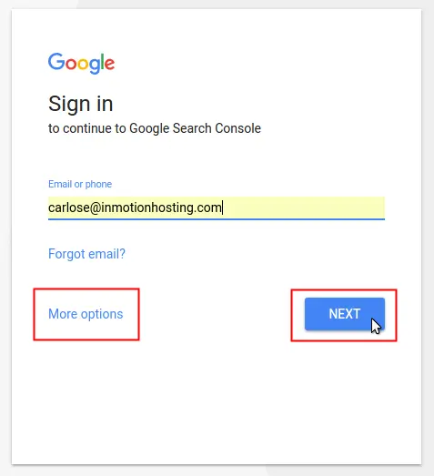 [Screenshot: Google Search Console login page]