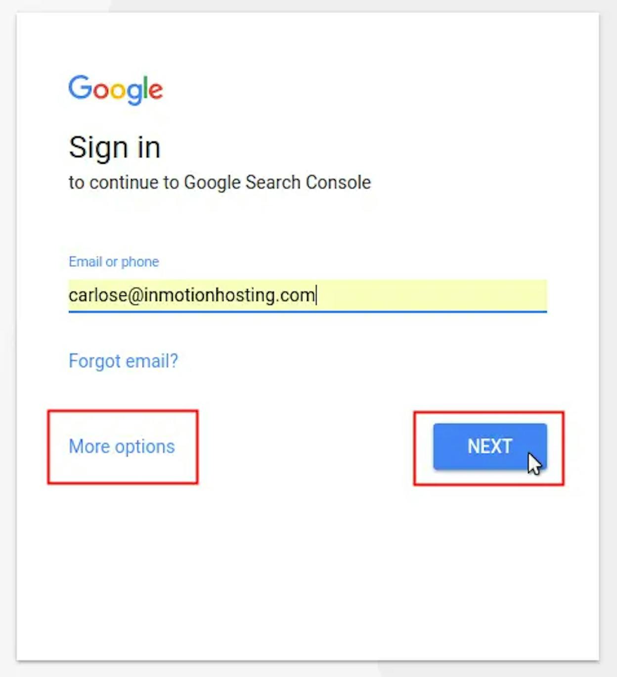 [Screenshot: Google Search Console login page]
