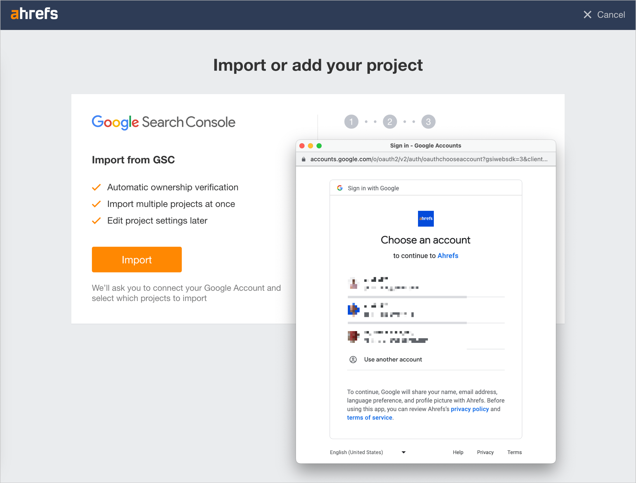 [Screenshot: Ahrefs project import from GSC]