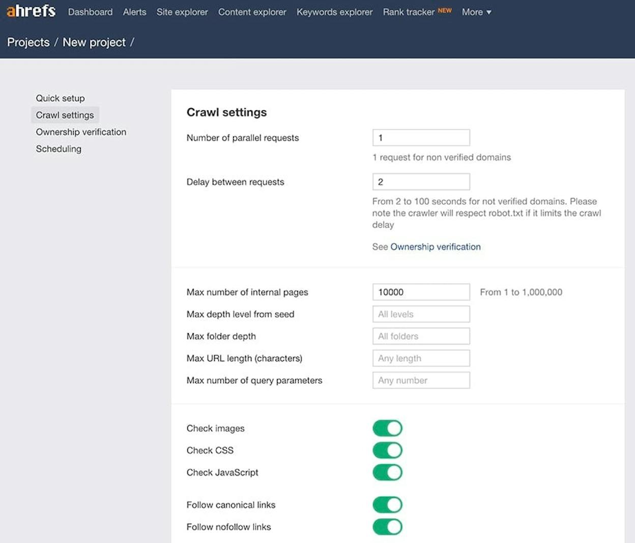[Screenshot: Ahrefs Site Audit crawl settings page showing schedule and crawl limit options]