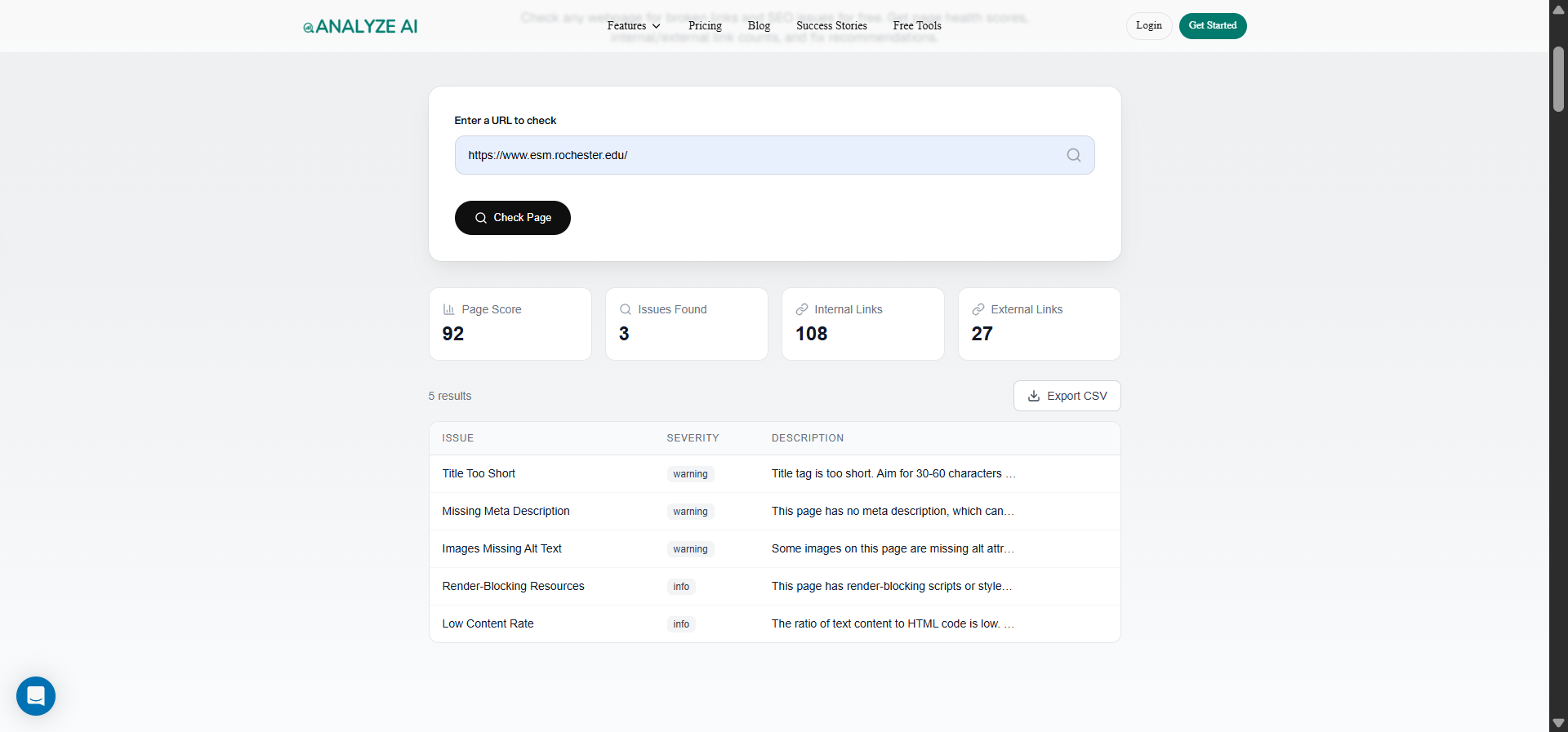 [Screenshot: Analyze AI Broken Link Checker showing a list of 404 URLs with the linking pages]