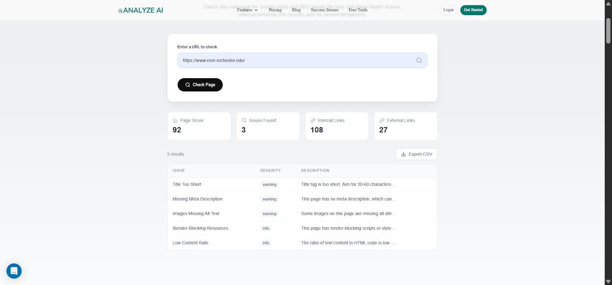 [Screenshot: Analyze AI Broken Link Checker showing a list of 404 URLs with the linking pages]