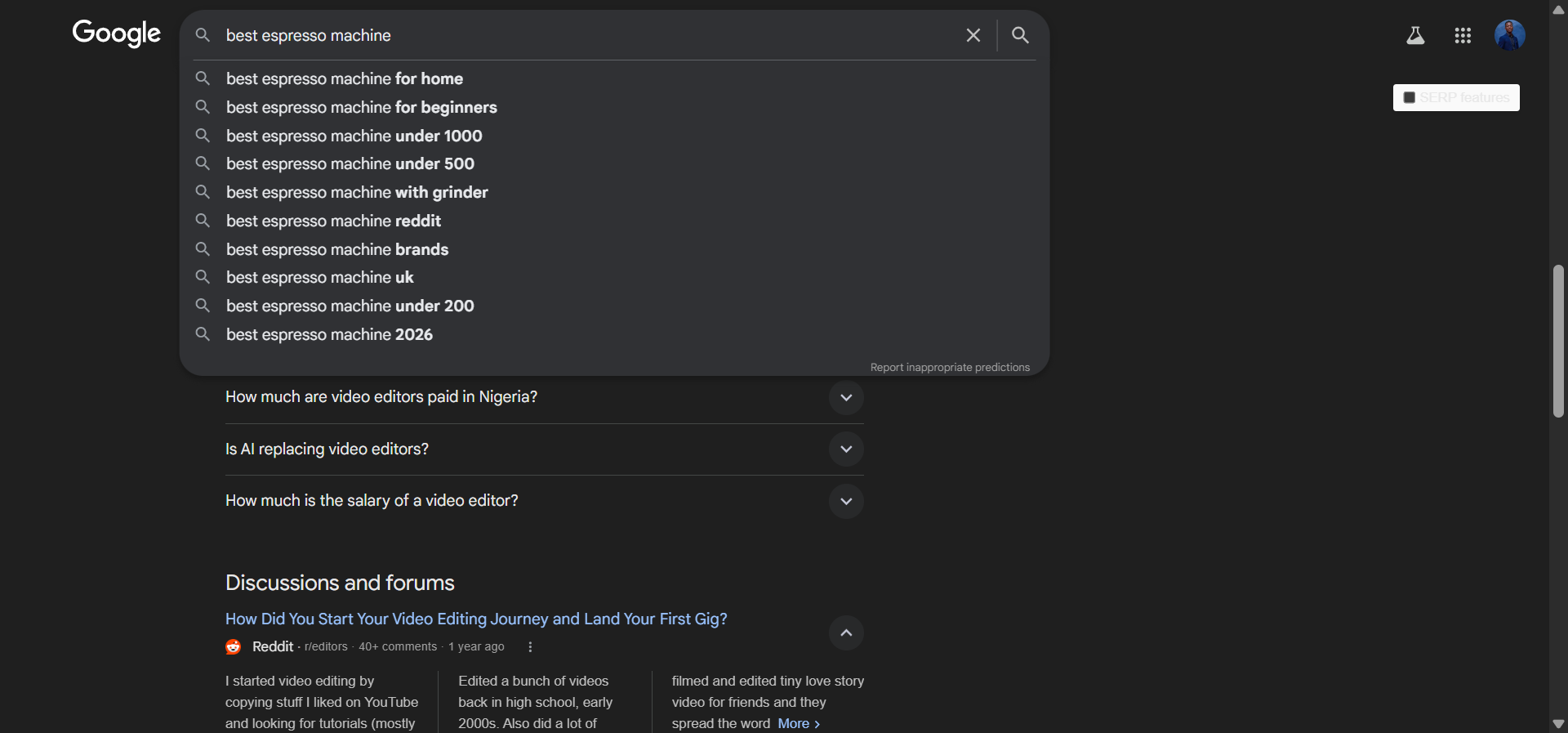 [Screenshot: Google Autocomplete showing suggestions for &ldquo;best espresso machine&rdquo; with modifiers like &ldquo;under 500,&rdquo; &ldquo;for beginners,&rdquo; &ldquo;2024&rdquo;]