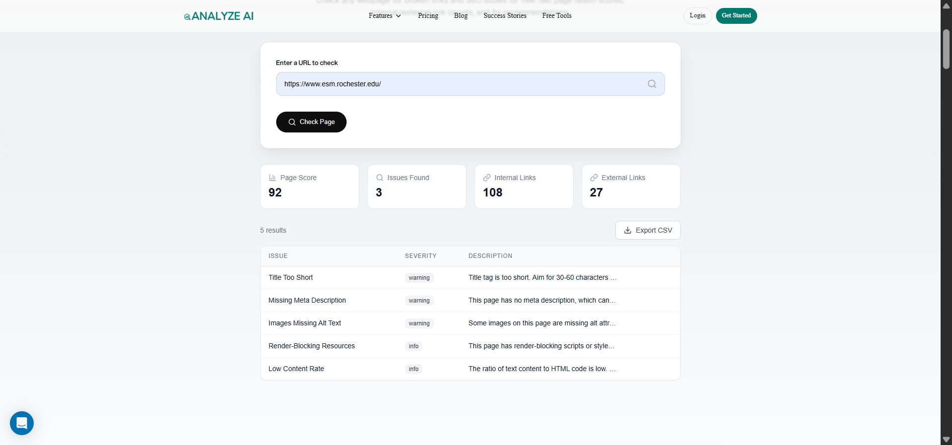 [Screenshot: Analyze AI Broken Link Checker showing results with broken links identified on a website]