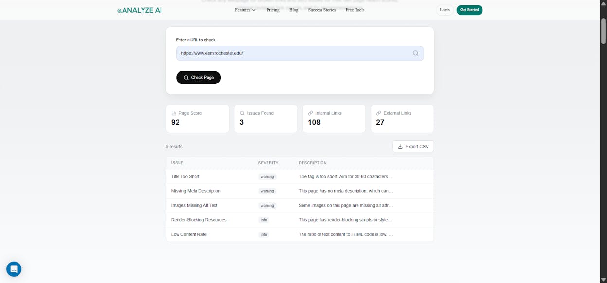 [Screenshot: Analyze AI Broken Link Checker showing results with broken links identified on a website]