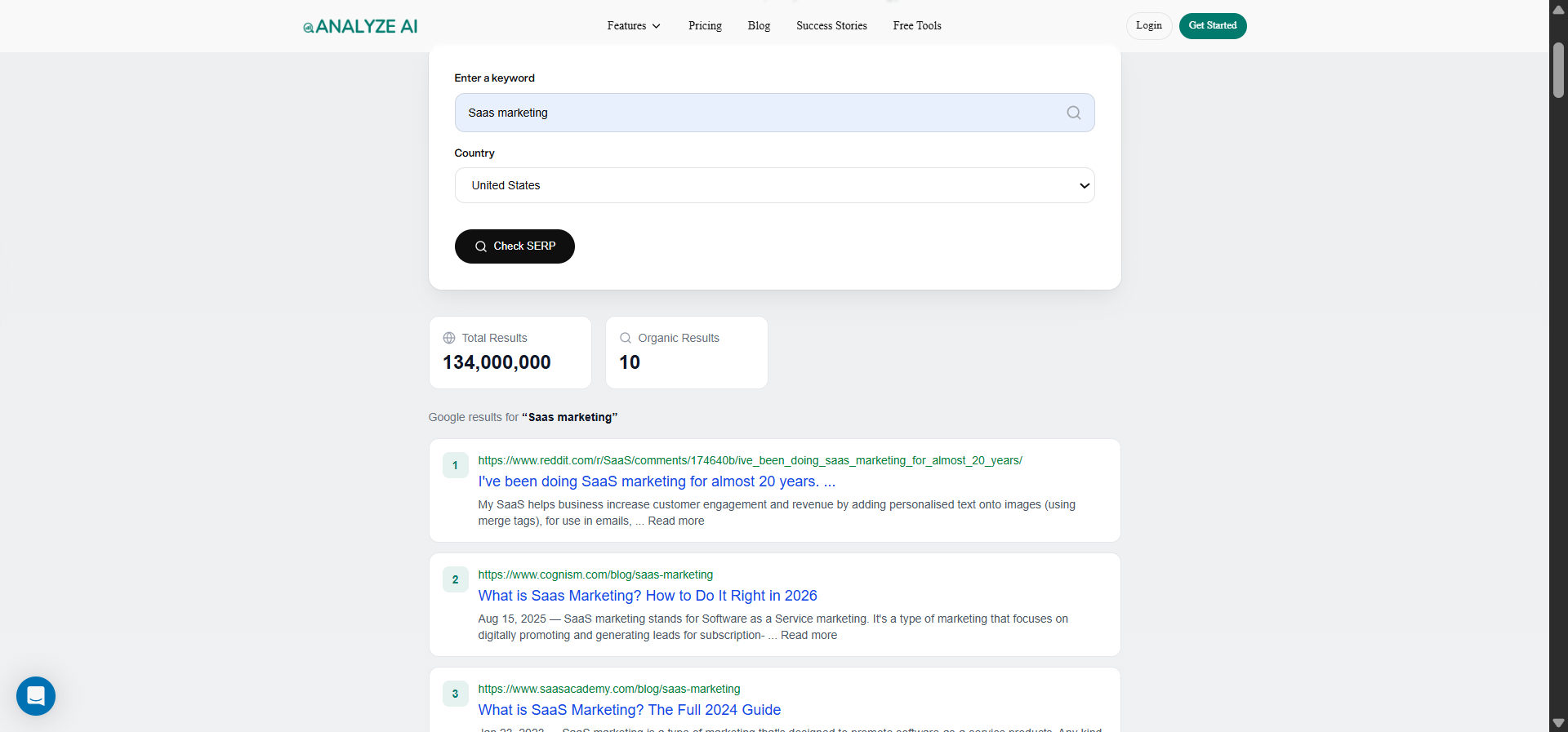 [Screenshot: Analyze AI SERP Checker showing top-ranking pages for a keyword]