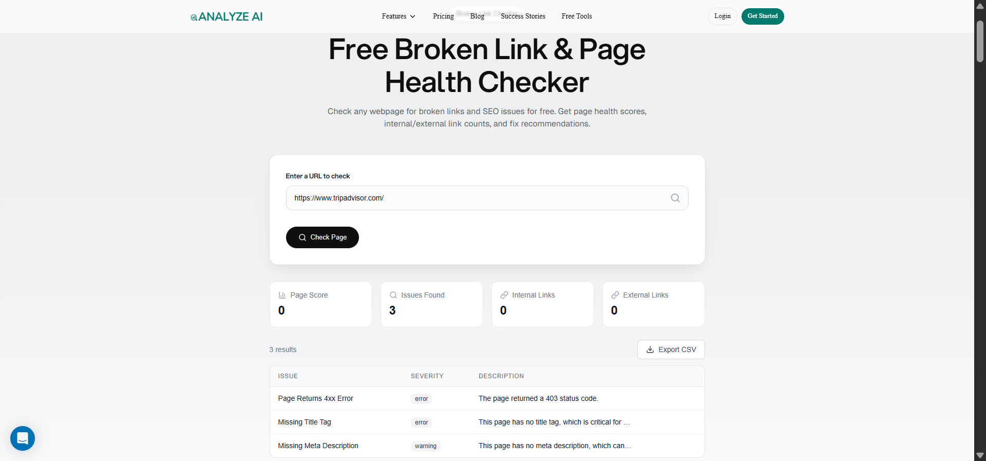 [Screenshot: Analyze AI Broken Link Checker showing broken links found on a website]