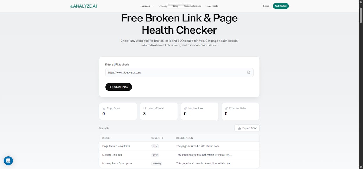 [Screenshot: Analyze AI Broken Link Checker showing broken links found on a website]