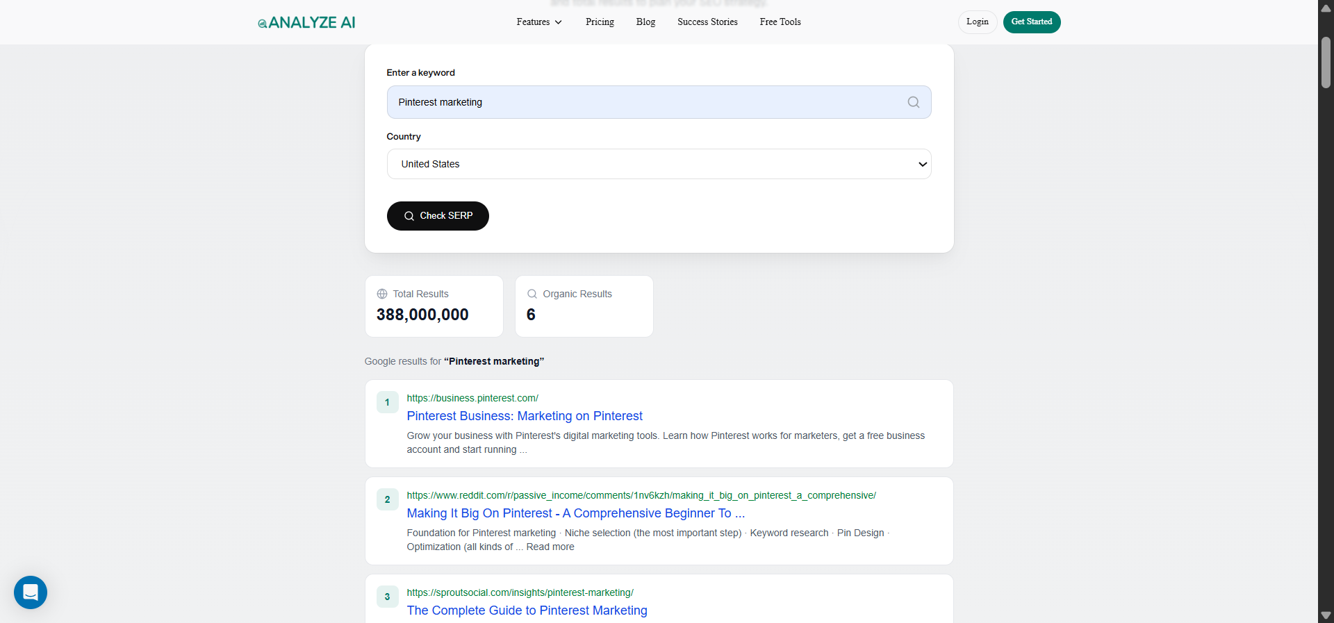 [Screenshot: Using Analyze AI&rsquo;s SERP Checker to check a keyword&rsquo;s search landscape]