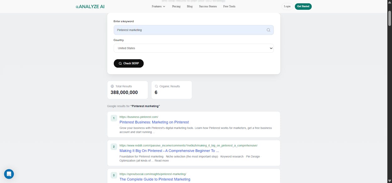 [Screenshot: Using Analyze AI&rsquo;s SERP Checker to check a keyword&rsquo;s search landscape]